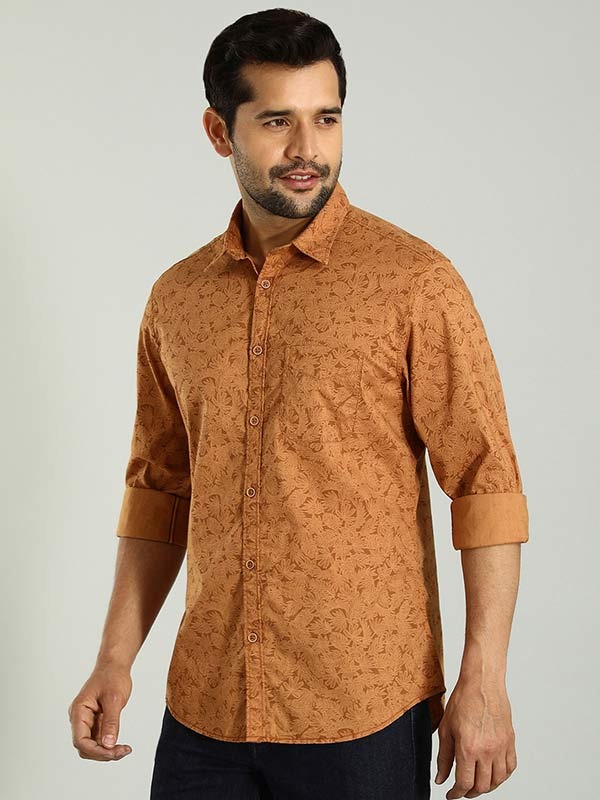 Indian Terrain Men's Slim Fit Full Sleeve Tropical Print Brown Shirt